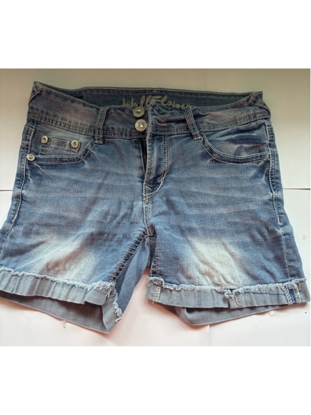 Wallflower Denim Shorts 5 Medium Wash Rhinestone Bling Pocket Y2K Frayed Cuffed